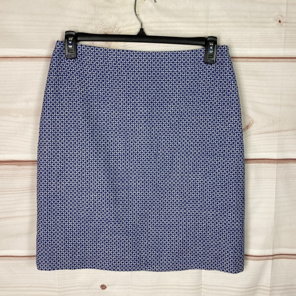 Boden Skirt Womens US 10L Blue Geometric Pencil Wool Linen Blend Lined Zipper